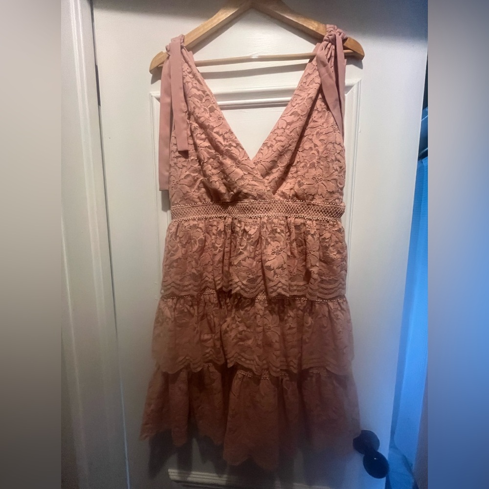 Bardot Pink Lace Tiered Mini Dress